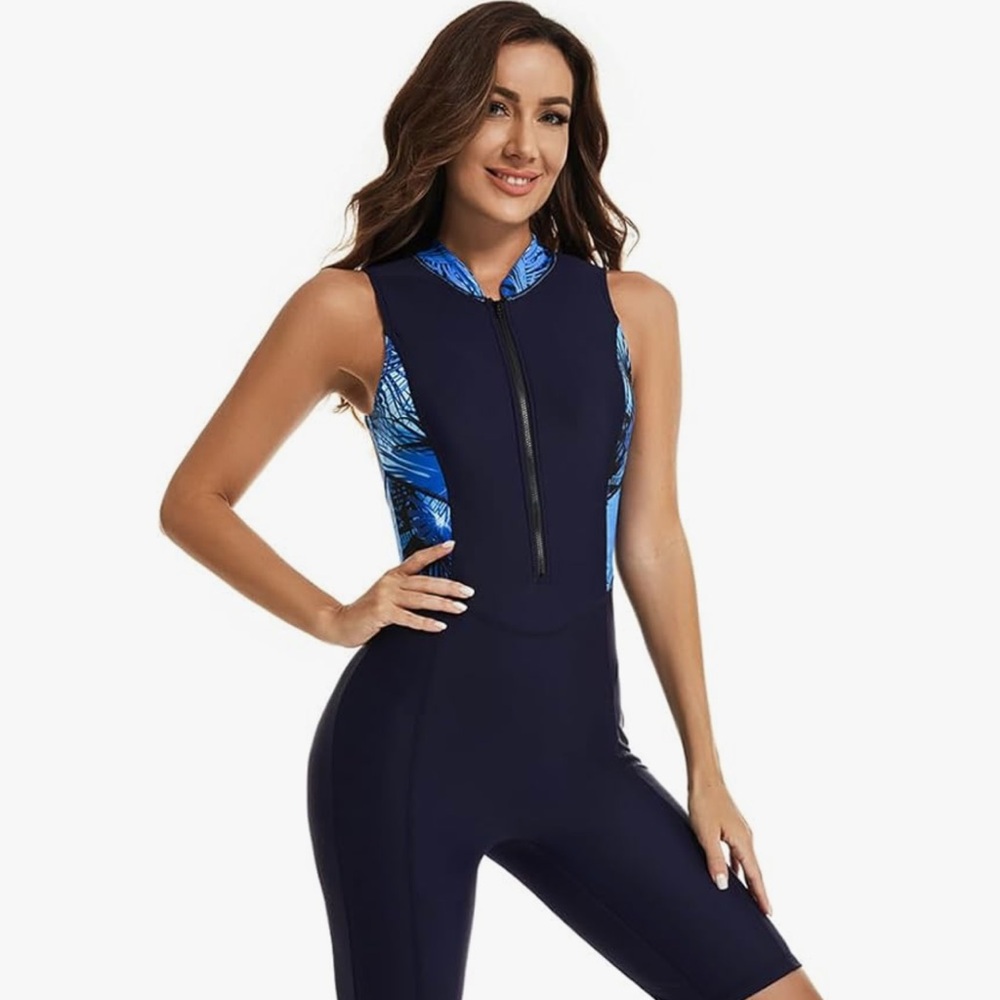 Micosuza Women's One Piece Boyleg Rash Guard Swimsuit Sleeveless 1/2 Zip Surfing